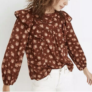 Madewell Ladder-Trim Ruffle Top Medium Homestead Bouquet Brown Floral Cotton